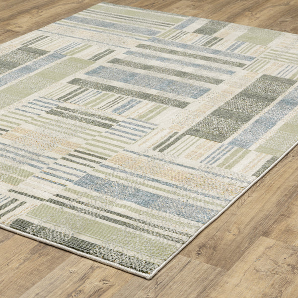 Homeroots 9' X 12' Gray And Ivory Geometric Power Loom Area Rug Blue,Green Other Material 510206