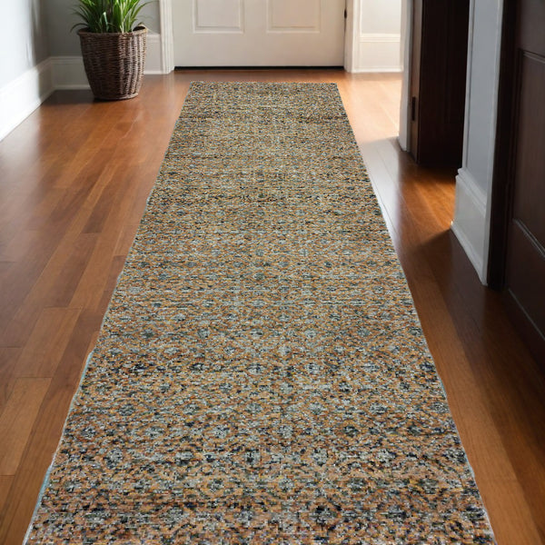 Homeroots 12' Runner Blue And Beige Geometric Power Loom Runner Rug Blue,Gold Other Material 510210