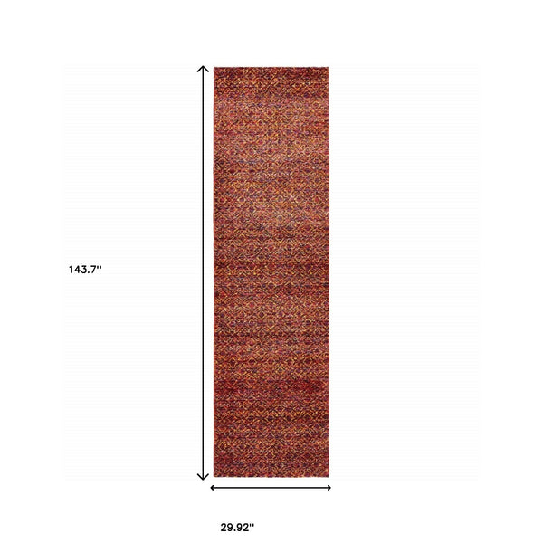 Homeroots 12' Runner Red Gold And Blue Geometric Power Loom Runner Rug Red,Rust Other Material 510219