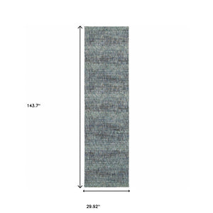 Homeroots 12' Runner Blue Grey Silver And Green Power Loom Runner Rug Blue,Grey Other Material 510255