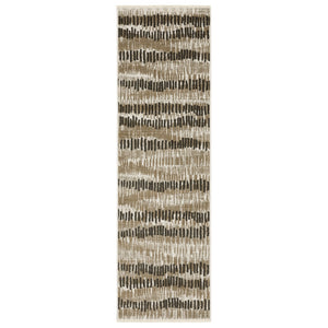 HomeRoots 2' Contemporary Abstract Runner Rug in Beige, Ivory, Charcoal and Grey with Stain Resistance and Fringe 2'3" x 7'6" 510279