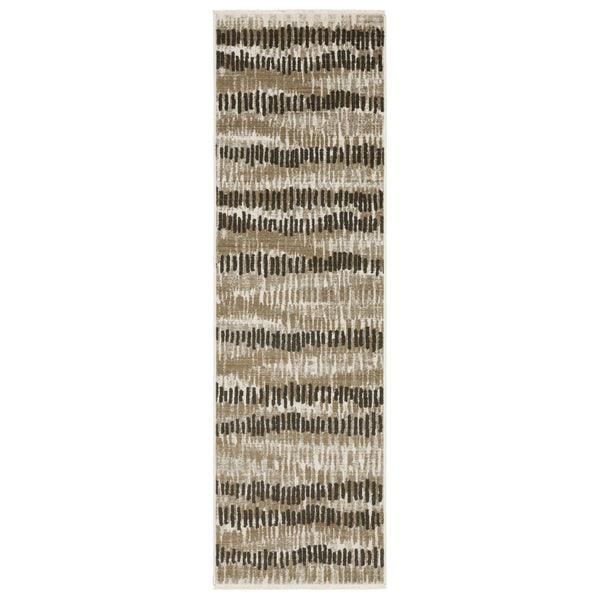 HomeRoots 2' Contemporary Abstract Runner Rug in Beige, Ivory, Charcoal and Grey with Stain Resistance and Fringe 2'3" x 7'6" 510279