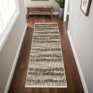 HomeRoots 2' Contemporary Abstract Runner Rug in Beige, Ivory, Charcoal and Grey with Stain Resistance and Fringe 2'3" x 7'6" 510279