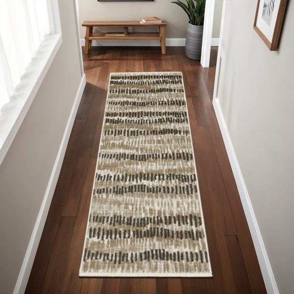 HomeRoots 2' Contemporary Abstract Runner Rug in Beige, Ivory, Charcoal and Grey with Stain Resistance and Fringe 2'3" x 7'6" 510279