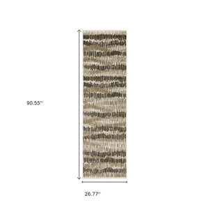 HomeRoots 2' Contemporary Abstract Runner Rug in Beige, Ivory, Charcoal and Grey with Stain Resistance and Fringe 2'3" x 7'6" 510279