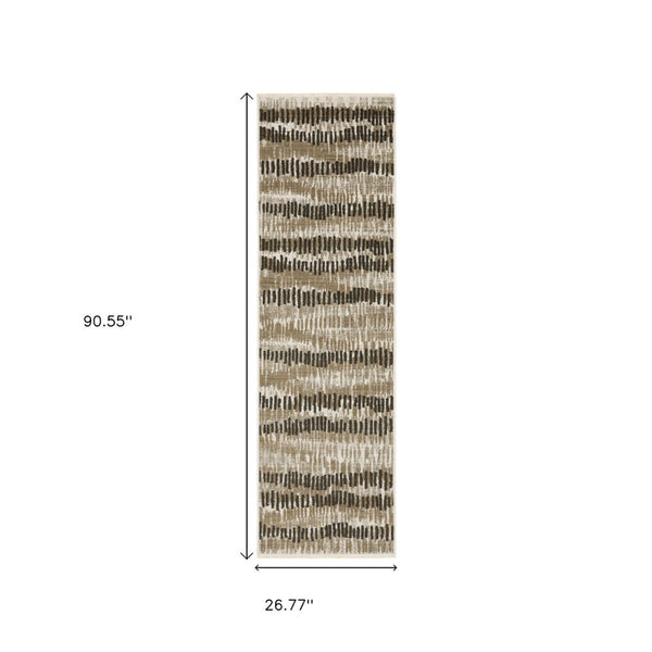 HomeRoots 2' Contemporary Abstract Runner Rug in Beige, Ivory, Charcoal and Grey with Stain Resistance and Fringe 2'3" x 7'6" 510279