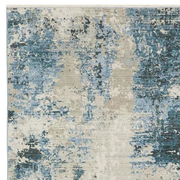 HomeRoots 2' Abstract Power Loom Runner Rug in Blue and Ivory with Stain Resistance and Tassel Fringe Design 2'3" x 7'6" 510291