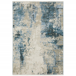 HomeRoots 2' Abstract Power Loom Runner Rug in Blue and Ivory with Stain Resistance and Tassel Fringe Design 7' X 10' 510294