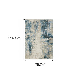 HomeRoots 2' Abstract Power Loom Runner Rug in Blue and Ivory with Stain Resistance and Tassel Fringe Design 7' X 10' 510294