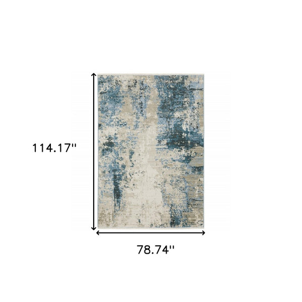 HomeRoots 2' Abstract Power Loom Runner Rug in Blue and Ivory with Stain Resistance and Tassel Fringe Design 7' X 10' 510294