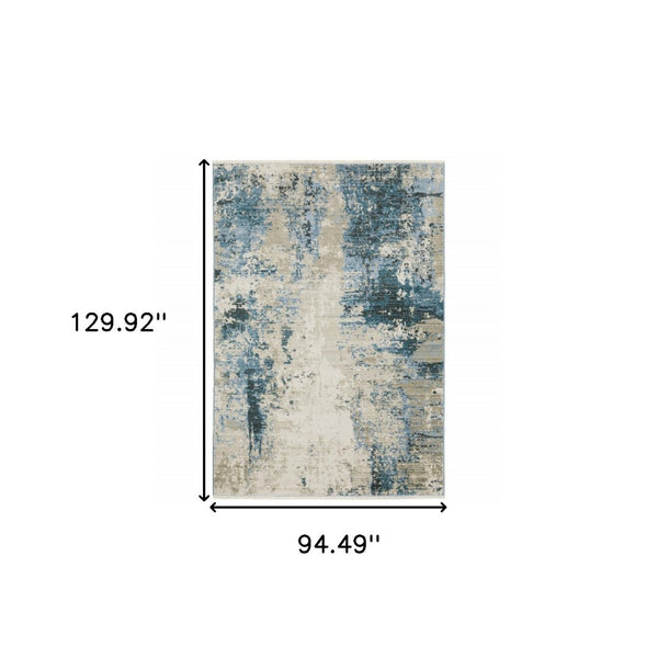 HomeRoots 2' Abstract Power Loom Runner Rug in Blue and Ivory with Stain Resistance and Tassel Fringe Design 8' X 11' 510295