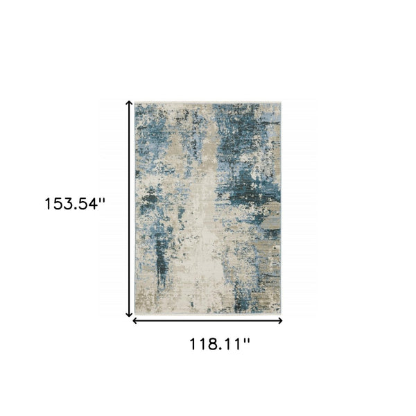 HomeRoots 2' Abstract Power Loom Runner Rug in Blue and Ivory with Stain Resistance and Tassel Fringe Design 10' X 13' 510296