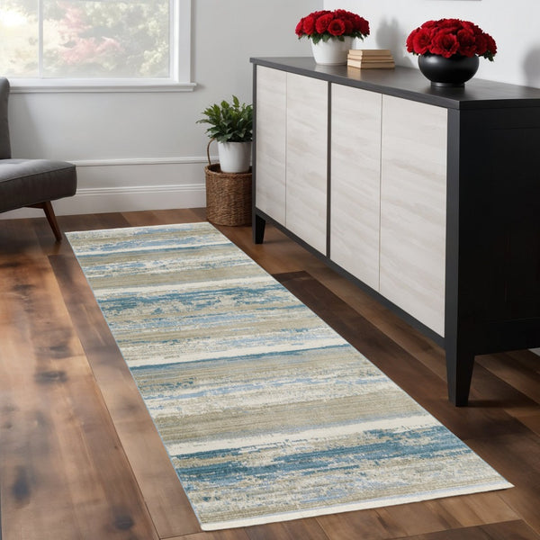 HomeRoots 8' Blue and Beige Abstract Distressed Runner Rug with Eco-Friendly Fibers and Fringe Tassels 2'3" x 7'6" 510297