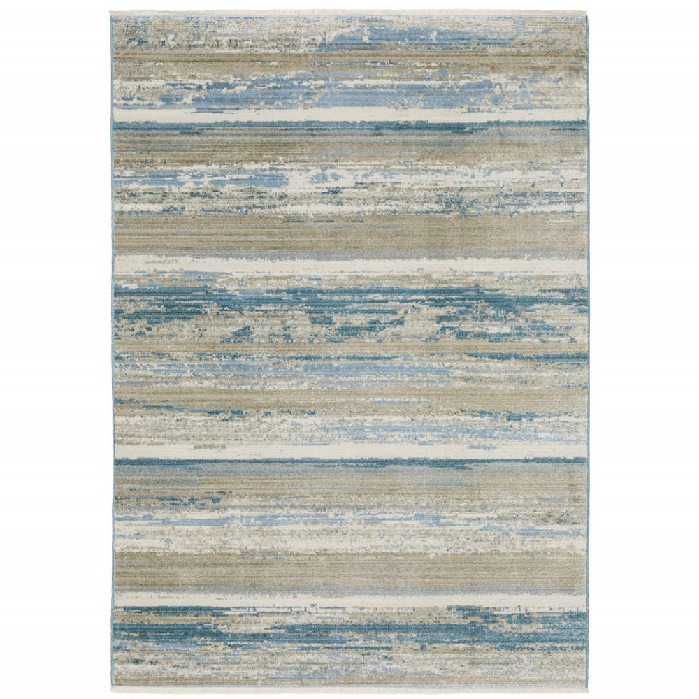 HomeRoots 8' Blue and Beige Abstract Distressed Runner Rug with Eco-Friendly Fibers and Fringe Tassels 4' X 6' 510298