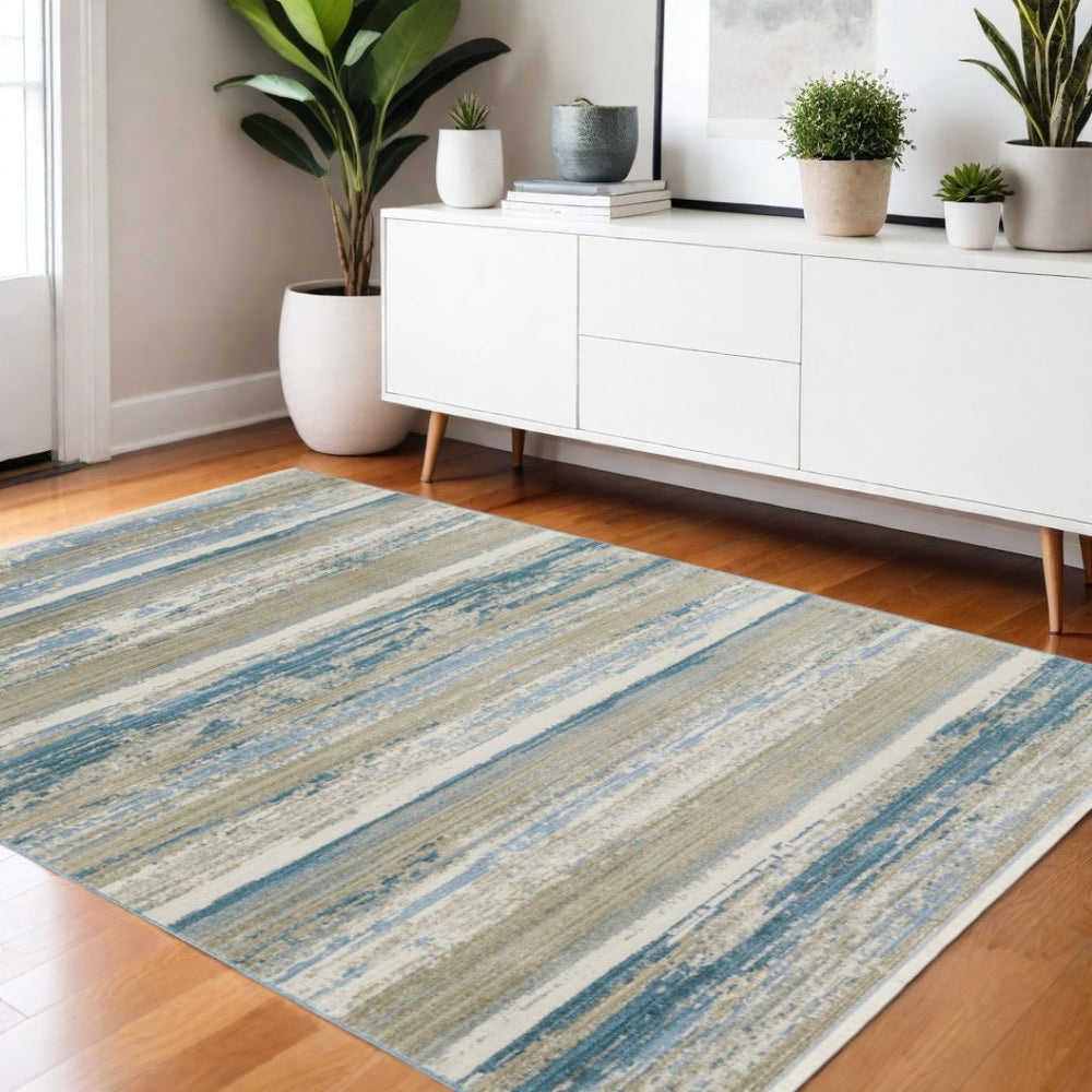 HomeRoots 8' Blue and Beige Abstract Distressed Runner Rug with Eco-Friendly Fibers and Fringe Tassels 4' X 6' 510298