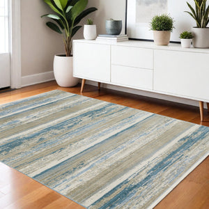 HomeRoots 8' Blue and Beige Abstract Distressed Runner Rug with Eco-Friendly Fibers and Fringe Tassels 4' X 6' 510298