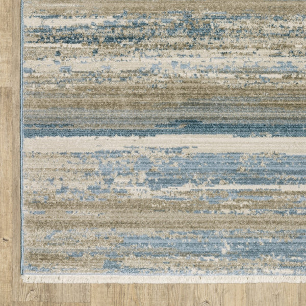 HomeRoots 8' Blue and Beige Abstract Distressed Runner Rug with Eco-Friendly Fibers and Fringe Tassels 4' X 6' 510298