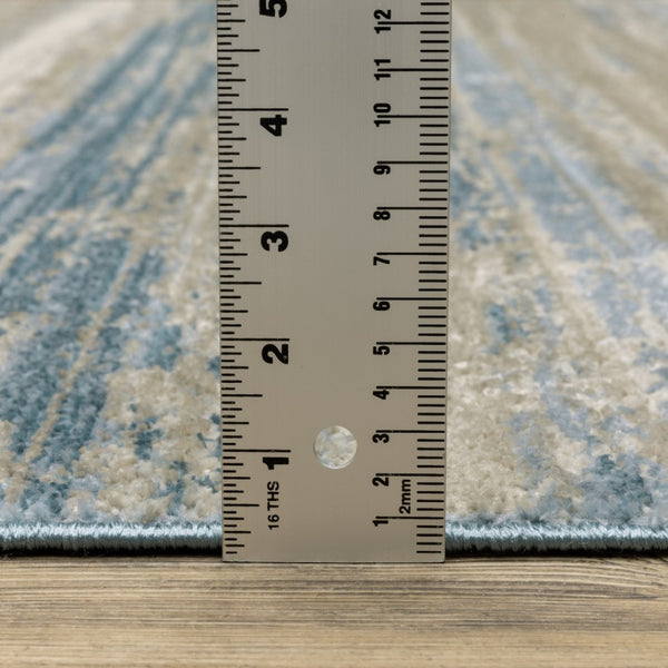 HomeRoots 8' Blue and Beige Abstract Distressed Runner Rug with Eco-Friendly Fibers and Fringe Tassels 4' X 6' 510298