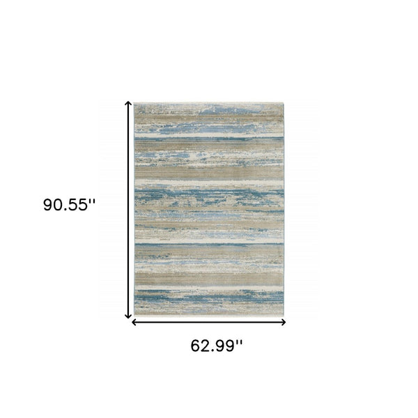 HomeRoots 8' Blue and Beige Abstract Distressed Runner Rug with Eco-Friendly Fibers and Fringe Tassels 5' X 8' 510299