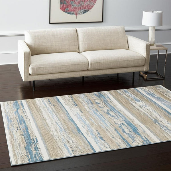 HomeRoots 8' Blue and Beige Abstract Distressed Runner Rug with Eco-Friendly Fibers and Fringe Tassels 5' X 8' 510299
