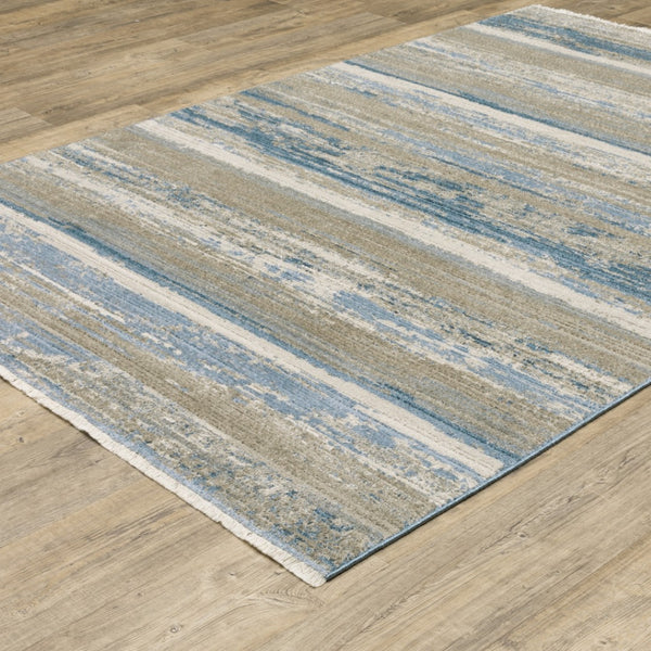 HomeRoots 8' Blue and Beige Abstract Distressed Runner Rug with Eco-Friendly Fibers and Fringe Tassels 5' X 8' 510299