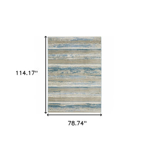 HomeRoots 8' Blue and Beige Abstract Distressed Runner Rug with Eco-Friendly Fibers and Fringe Tassels 7' X 10' 510300