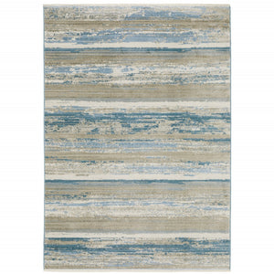 HomeRoots 8' Blue and Beige Abstract Distressed Runner Rug with Eco-Friendly Fibers and Fringe Tassels 8' X 11' 510301