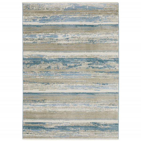 HomeRoots 8' Blue and Beige Abstract Distressed Runner Rug with Eco-Friendly Fibers and Fringe Tassels 8' X 11' 510301