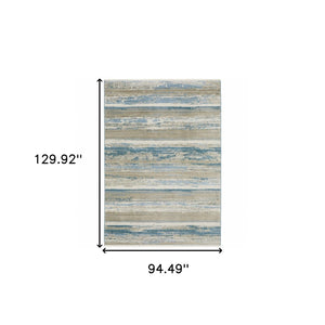 HomeRoots 8' Blue and Beige Abstract Distressed Runner Rug with Eco-Friendly Fibers and Fringe Tassels 8' X 11' 510301