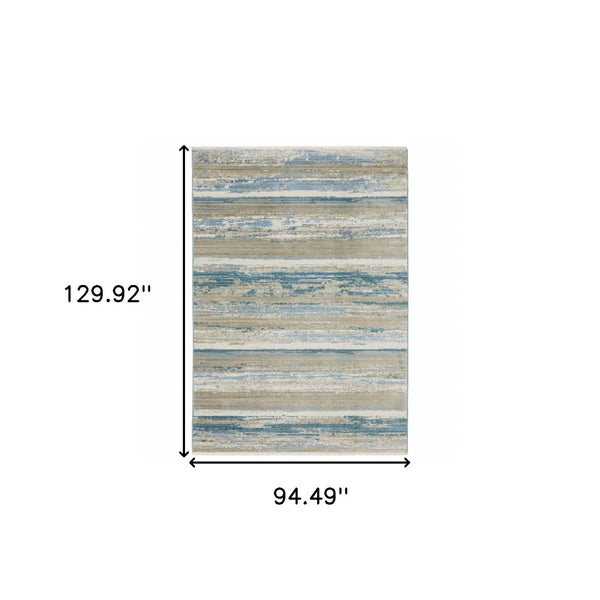 HomeRoots 8' Blue and Beige Abstract Distressed Runner Rug with Eco-Friendly Fibers and Fringe Tassels 8' X 11' 510301