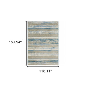 HomeRoots 8' Blue and Beige Abstract Distressed Runner Rug with Eco-Friendly Fibers and Fringe Tassels 10' X 13' 510302