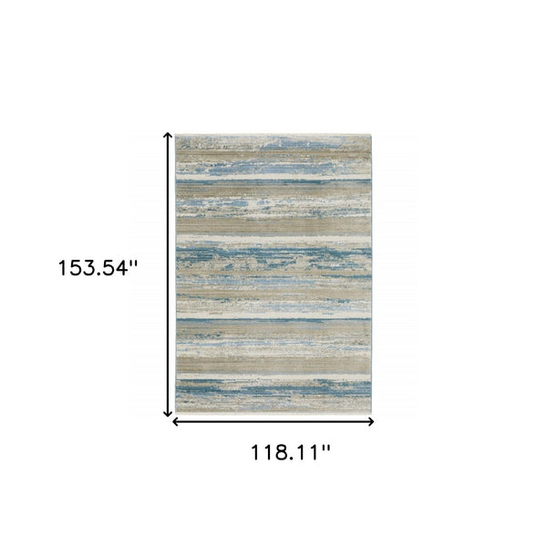 HomeRoots 8' Blue and Beige Abstract Distressed Runner Rug with Eco-Friendly Fibers and Fringe Tassels 10' X 13' 510302