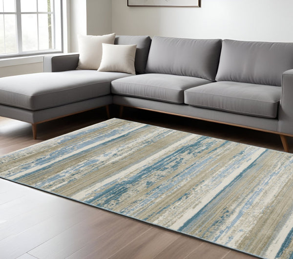HomeRoots 8' Blue and Beige Abstract Distressed Runner Rug with Eco-Friendly Fibers and Fringe Tassels 10' X 13' 510302