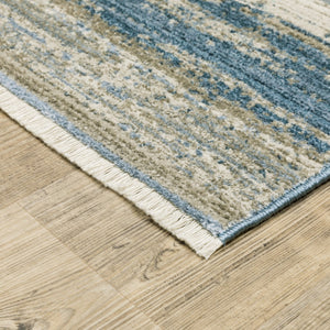 HomeRoots 8' Blue and Beige Abstract Distressed Runner Rug with Eco-Friendly Fibers and Fringe Tassels 10' X 13' 510302