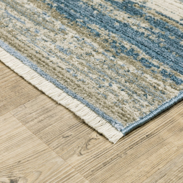 HomeRoots 8' Blue and Beige Abstract Distressed Runner Rug with Eco-Friendly Fibers and Fringe Tassels 10' X 13' 510302