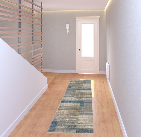 Homeroots 8' Beige Blue And Gray Geometric Power Loom Runner Rug Blue,Beige Other Material 510303