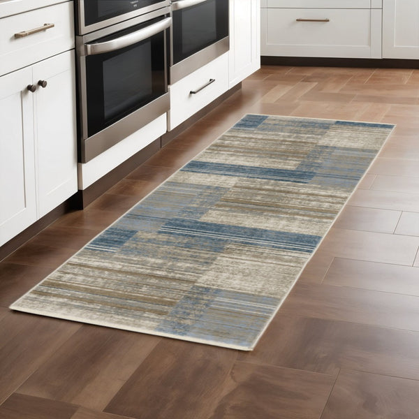 HomeRoots 8' Geometric Power Loom Runner Rug - Stylish Durable Design for High-Traffic Areas and Entryways Blue/ Beige 2'3" x 7'6" 510303