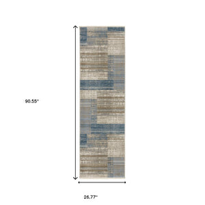 Homeroots 8' Beige Blue And Gray Geometric Power Loom Runner Rug Blue,Beige Other Material 510303