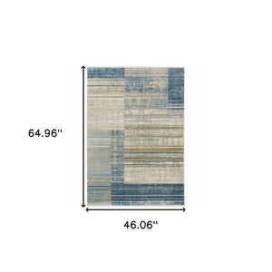 Homeroots 4' X 6' Blue Dark Blue Teal Grey Ivory Beige And Tan Geometric Power Loom Stain Resistant Area Rug With Fringe Blue,Beige Recycled Pet 510304