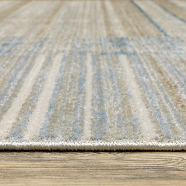 Homeroots 4' X 6' Blue Dark Blue Teal Grey Ivory Beige And Tan Geometric Power Loom Stain Resistant Area Rug With Fringe Blue,Beige Recycled Pet 510304