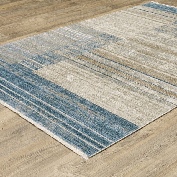 Homeroots 6' X 9' Blue Dark Blue Teal Grey Ivory Beige And Tan Geometric Power Loom Stain Resistant Area Rug With Fringe Blue,Beige Recycled Pet 510306