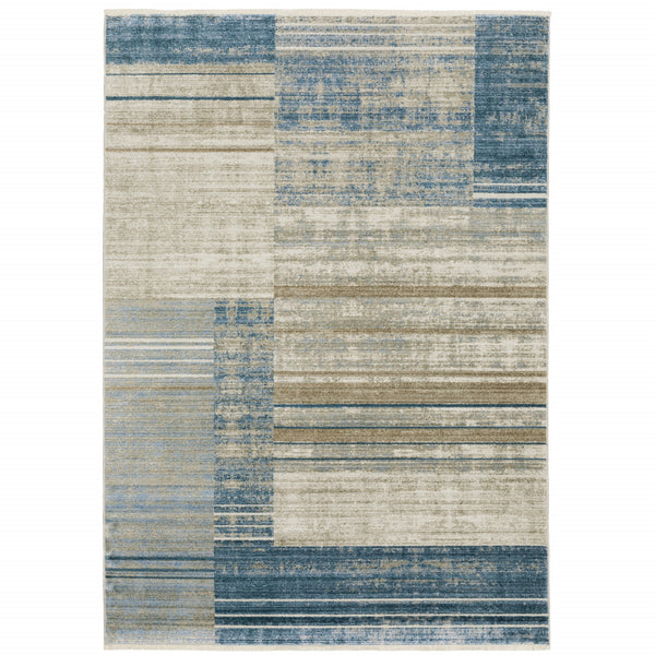 Homeroots 8' X 11' Blue Dark Blue Teal Grey Ivory Beige And Tan Geometric Power Loom Stain Resistant Area Rug With Fringe Blue,Beige Recycled Pet 510307