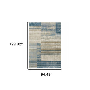 Homeroots 8' X 11' Blue Dark Blue Teal Grey Ivory Beige And Tan Geometric Power Loom Stain Resistant Area Rug With Fringe Blue,Beige Recycled Pet 510307