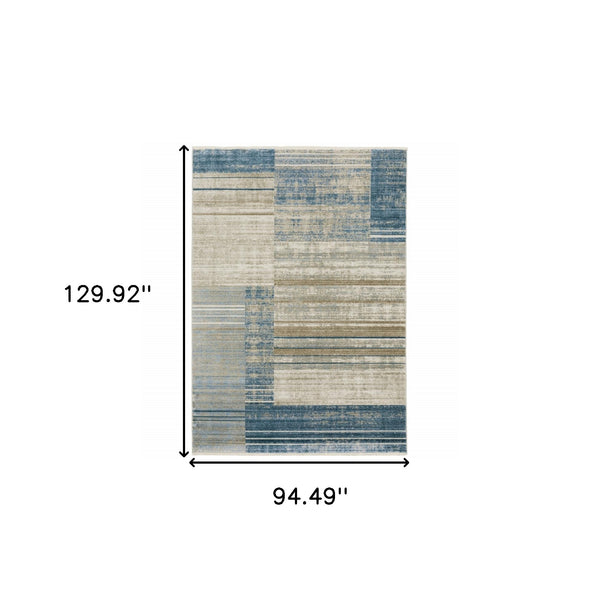 Homeroots 8' X 11' Blue Dark Blue Teal Grey Ivory Beige And Tan Geometric Power Loom Stain Resistant Area Rug With Fringe Blue,Beige Recycled Pet 510307