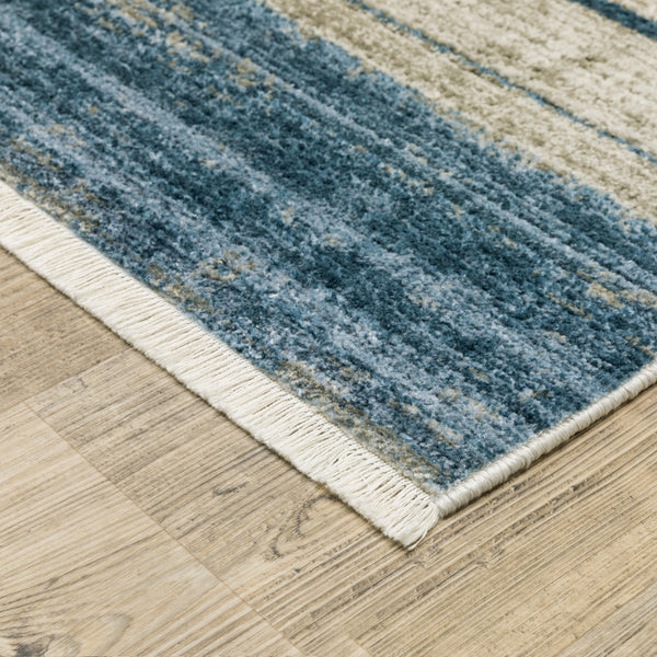 Homeroots 8' X 11' Blue Dark Blue Teal Grey Ivory Beige And Tan Geometric Power Loom Stain Resistant Area Rug With Fringe Blue,Beige Recycled Pet 510307