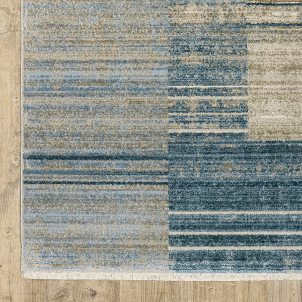 Homeroots 8' X 11' Blue Dark Blue Teal Grey Ivory Beige And Tan Geometric Power Loom Stain Resistant Area Rug With Fringe Blue,Beige Recycled Pet 510307
