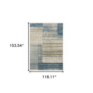 Homeroots 10' X 13' Blue Dark Blue Teal Grey Ivory Beige And Tan Geometric Power Loom Stain Resistant Area Rug With Fringe Blue,Beige Recycled Pet 510308