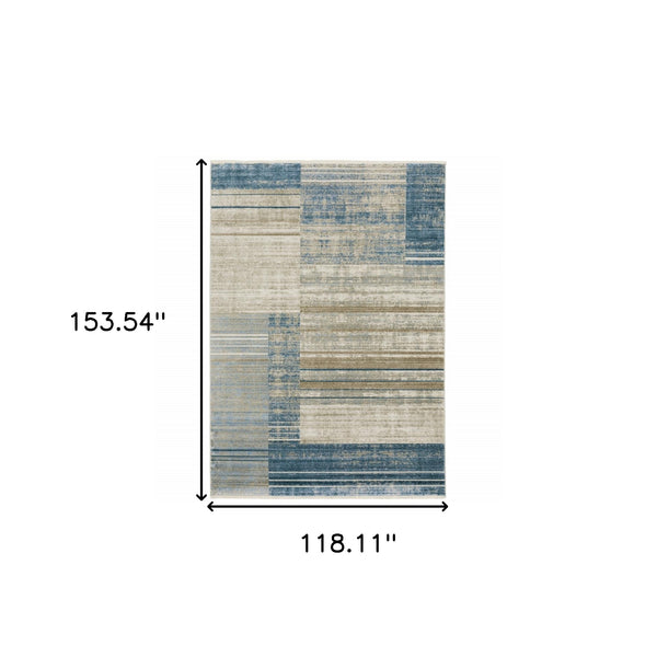 Homeroots 10' X 13' Blue Dark Blue Teal Grey Ivory Beige And Tan Geometric Power Loom Stain Resistant Area Rug With Fringe Blue,Beige Recycled Pet 510308