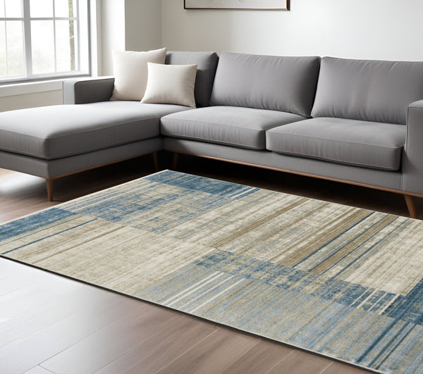 Homeroots 10' X 13' Blue Dark Blue Teal Grey Ivory Beige And Tan Geometric Power Loom Stain Resistant Area Rug With Fringe Blue,Beige Recycled Pet 510308
