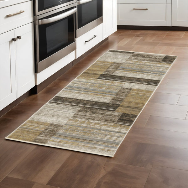 HomeRoots 8' Geometric Power Loom Runner Rug - Stylish Durable Design for High-Traffic Areas and Entryways Beige/ Charcoal 2'3" x 7'6" 510309